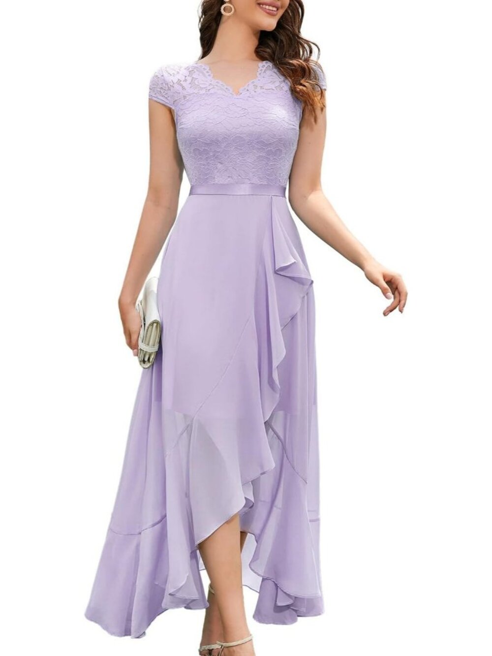 Women's Lavender V-Neck Wedding Floral Lace Cocktail Party Bridesmaid Dress